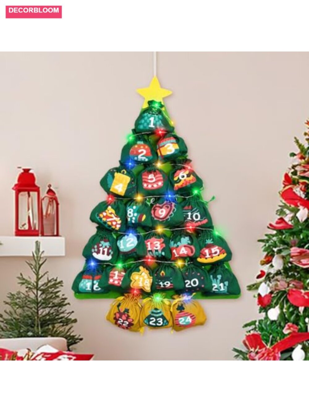 24-Day Christmas Tree Hanging Advent Calendar Fabric Drawstring Pockets
